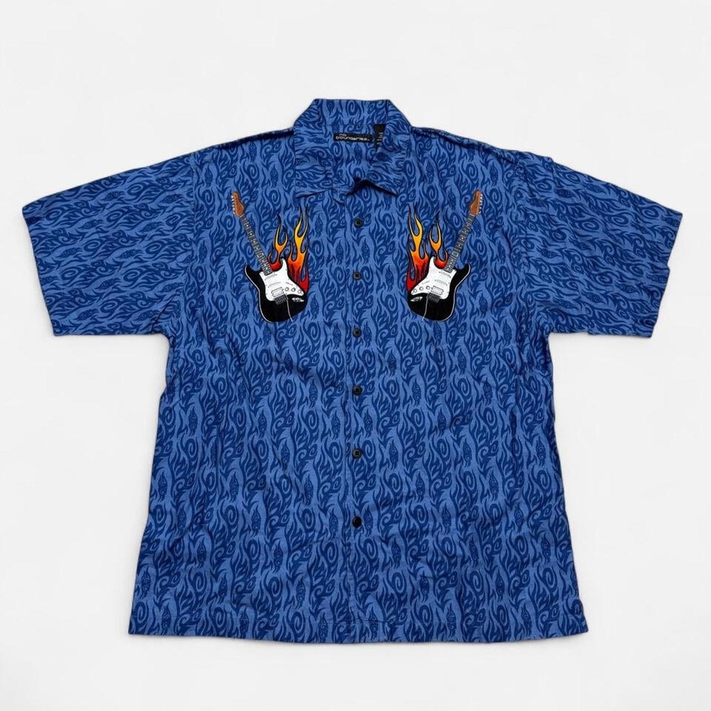 No Boundaries Mens Blue Guitar Flame Graphic Button Up Shirt Vintage Y2K Large